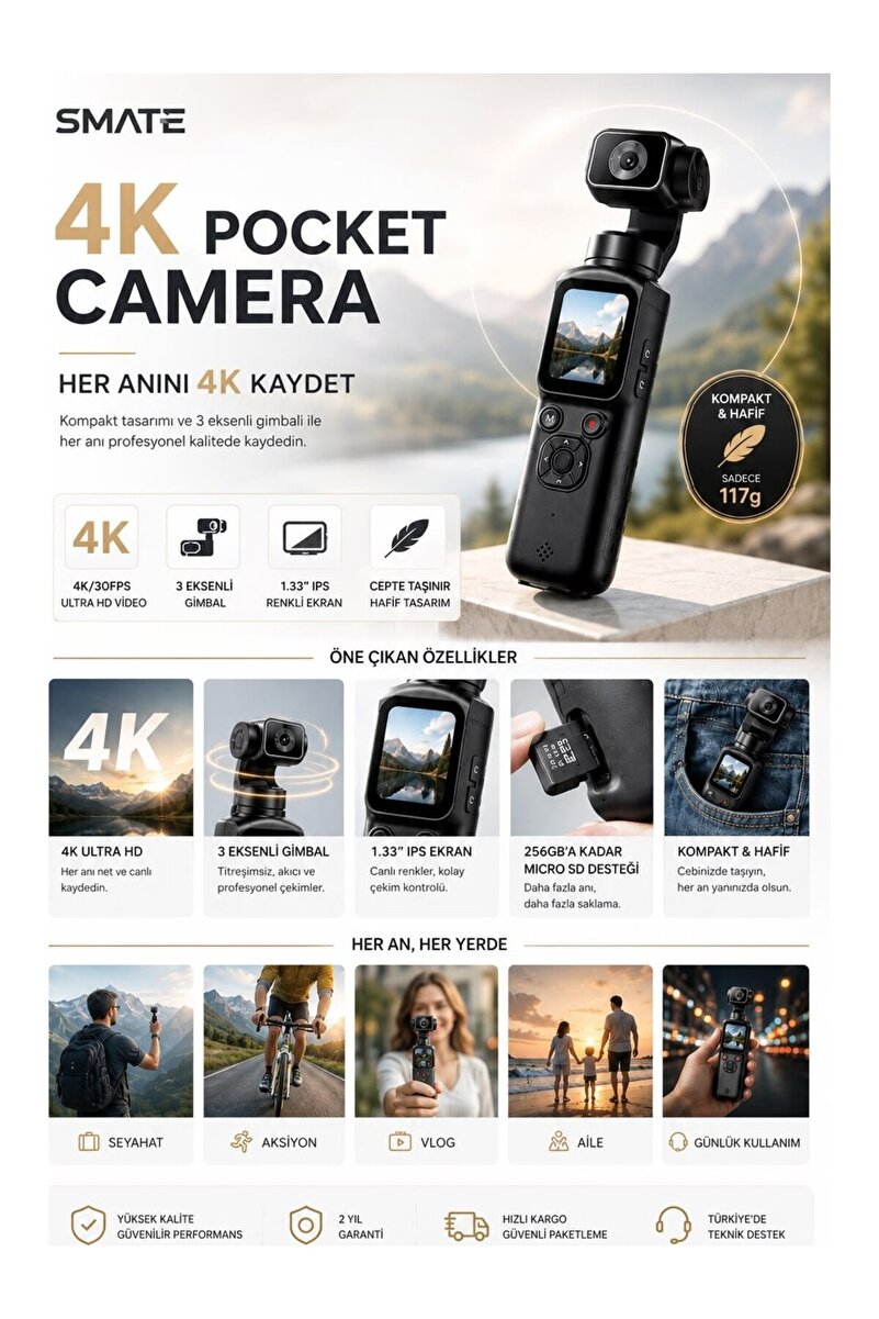 Smate 4K Pocket Camera Profesyonel Vlog Kamerası | Gimbal Özellikli Titreşim Önleyici | Otomatik Dönüş ve Yüz Takibi