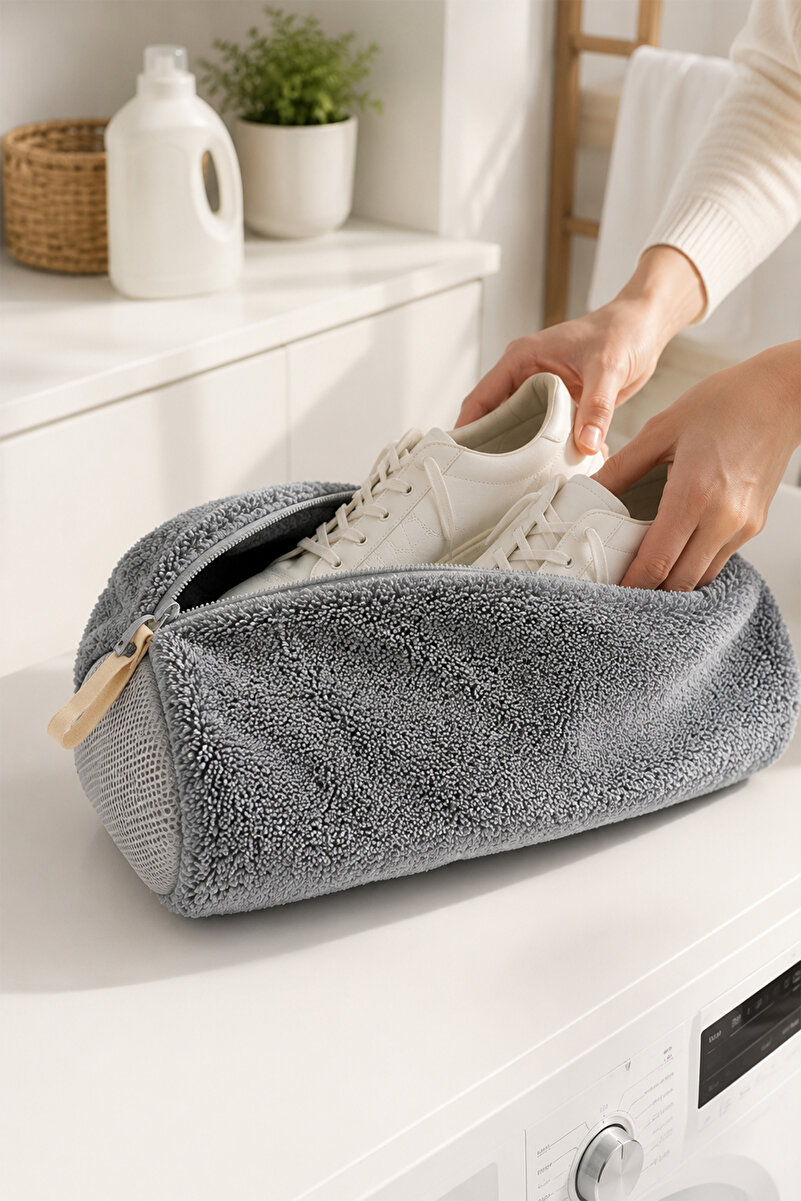 MissClean Ayakkabı Yıkama Çantası Özel Mikrofiber Kumaş 600 GSM Fermuarlı Büyük Boy Mikrofiber Gri Renk