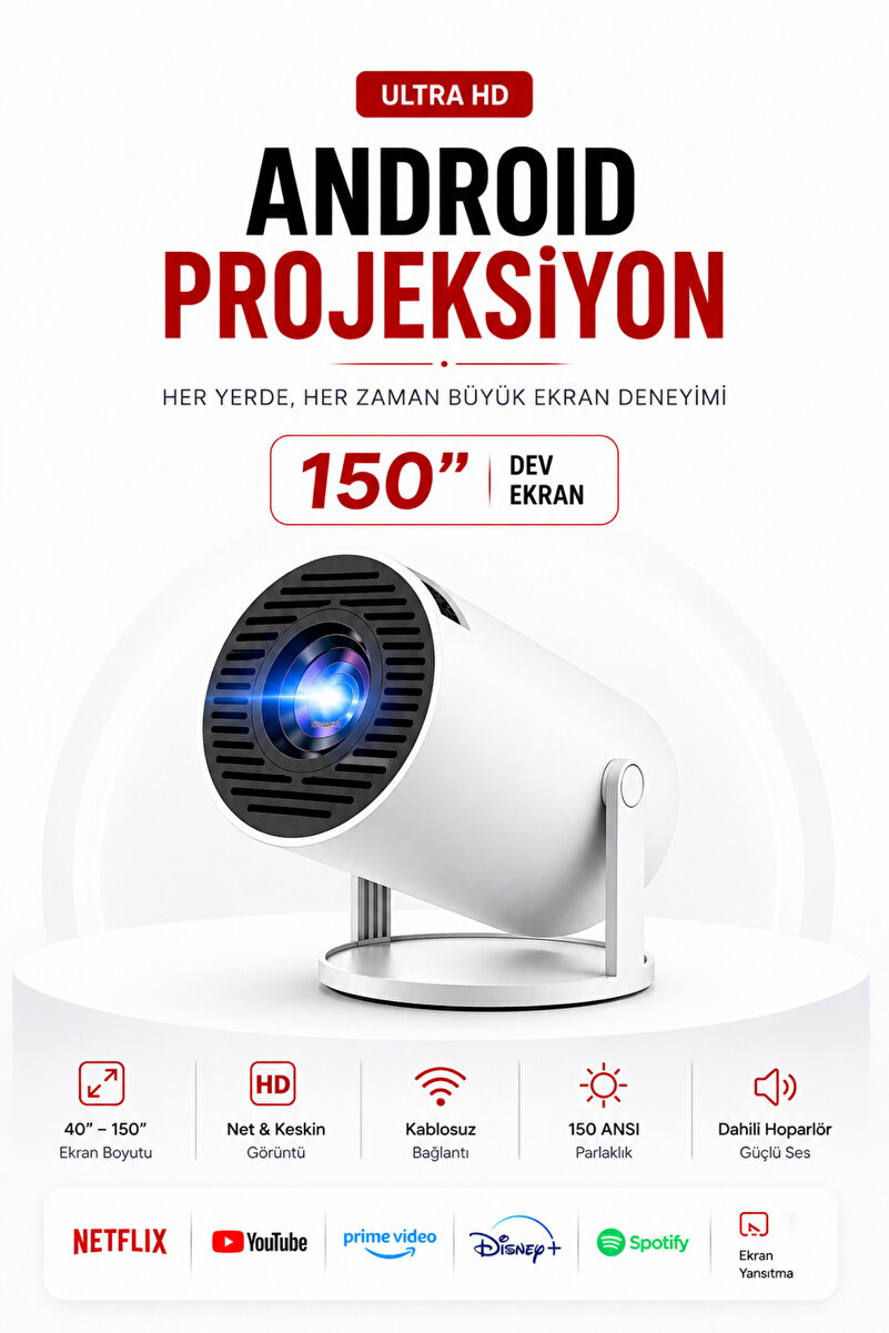 opticore Hy300 Pro Taşınabilir Android Sinema Projeksiyon Wifi Destekli En Güncel Sürüm Akıllı Projektör Beyaz Ultra HD