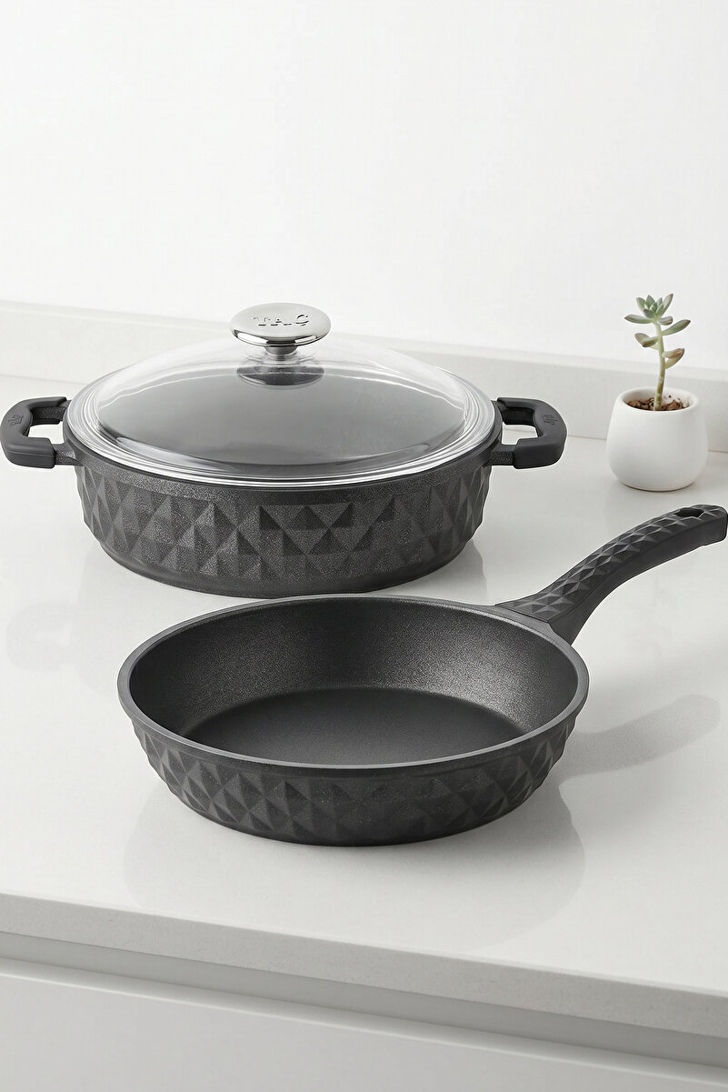 Taç Bella Cam Kapak Basık Tencere ve Tava 2'li Set 26 Cm