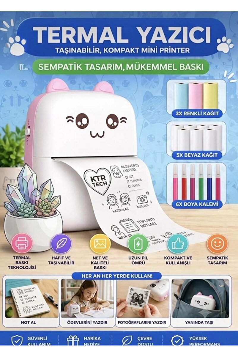 KTR TECH Mini Fotoğraf Yazıcı Kablosuz Etiket Yazıcı Baskı Makinesi Ios Android Uyumlu Termal Printer pembe