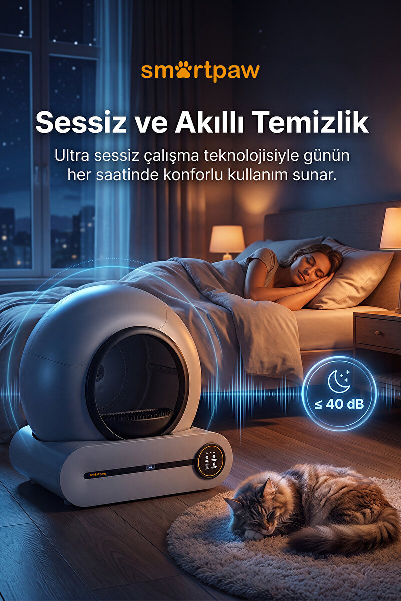 SMARTPAW Nova Cat PRO Gri Akıllı Otomatik Kedi Tuvaleti / 65L Büyük Hacimli, 9L Atık Hazneli, APP Kontrollü Çoklu Sensör