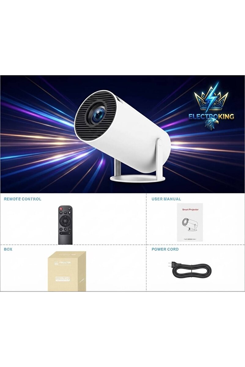 electroking 4K Projektör HY300 1080P Full HD Görüntü Kalitesi, 8000 Lümen, Uzaktan Kumanda, 5G WiFi 6