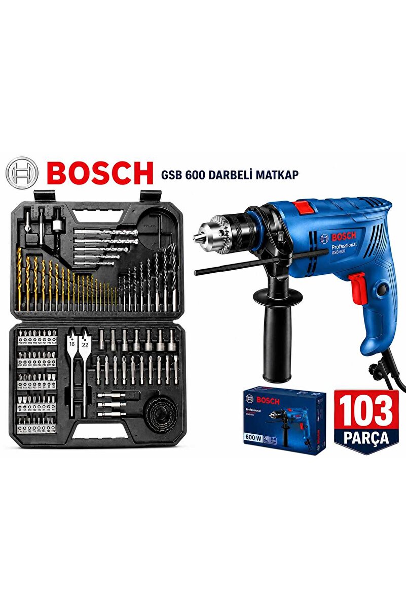 Bosch GSB 600 Darbeli Matkap + 103 Parça Delme ve Vidalama Aksesuar Seti