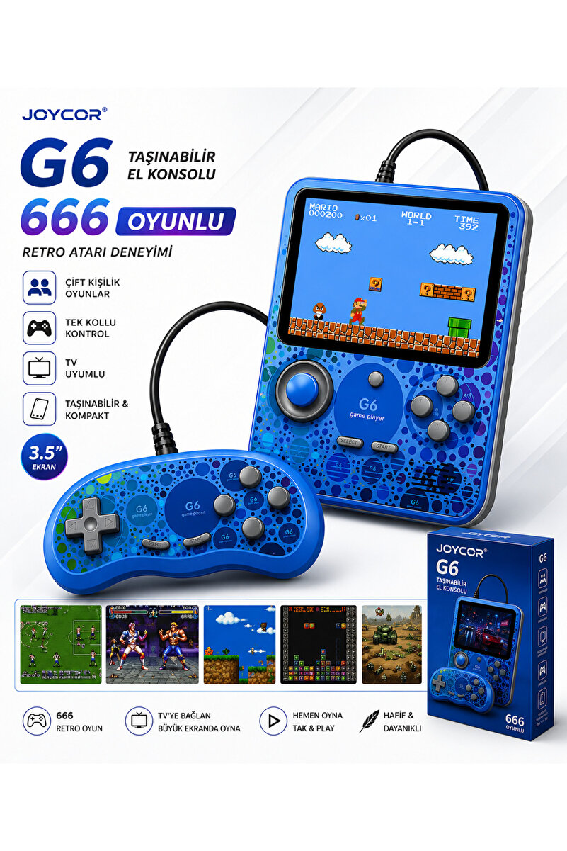 JOYCOR G6 Taşınabilir Retro El Konsolu 666 Oyunlu 3.5 İnç TFT Ekran TV Bağlantılı Şarj Edilebilir Tek Kollu Game Console Çift Kişilik Oyunlar