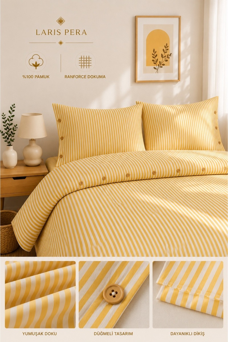 Larispera Battal Boy %100 Pamuk Ranforce Çizgili Nevresim Takımı 200x220 cm Düğmeli Sarı