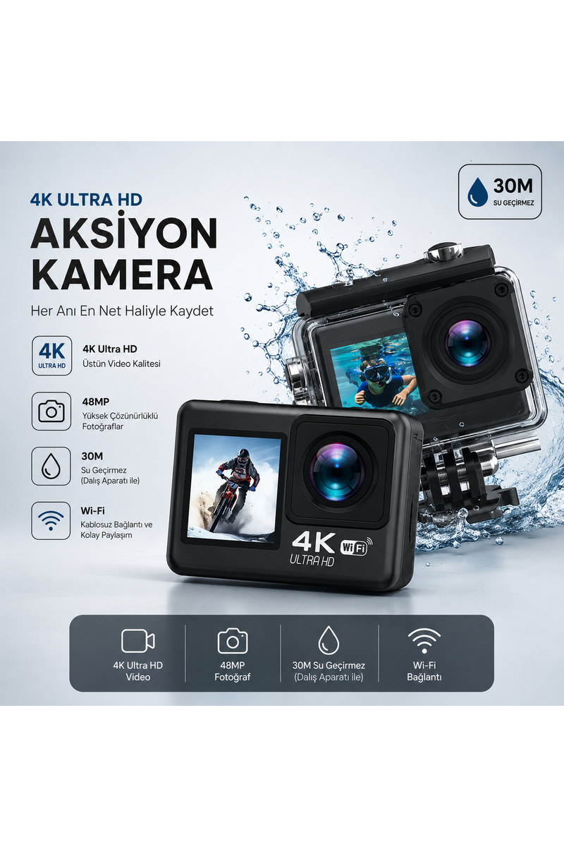 TARÇIN 4K Ultra HD WiFi Aksiyon Kamera | 20MP | 20 Parça Aksesuar | 170° Geniş Açı | Su Geçirmez Kılıf