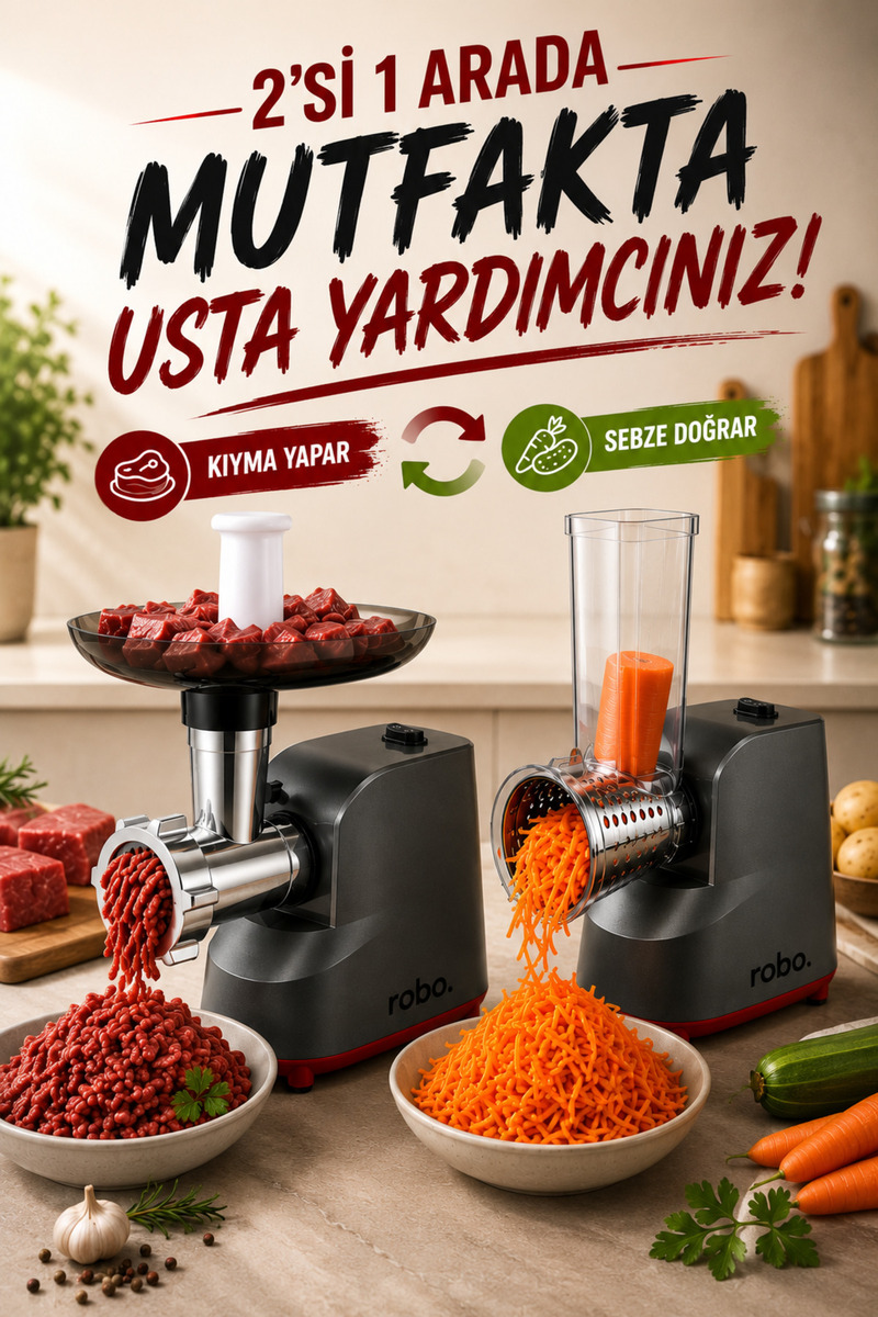 ROBO Elektrikli Kıyma Makinesi ve Sebze Rende Makinesi – 500W, 7 Aparat, 3 Kıyma Diski (3-5-7 mm), Sucuk ve İçli Köfte Aparatlı
