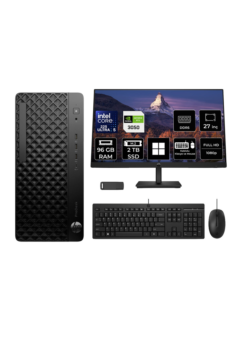 HP ProDesk 4 Tower G1i Intel Core Ultra 5 225 RTX 3050 6GB 96GB RAM 2TB SSD 27" FHD Win11 Pro D36TQETP1139 Masaüstü Bilgisayar + PER4 USB Bellek
