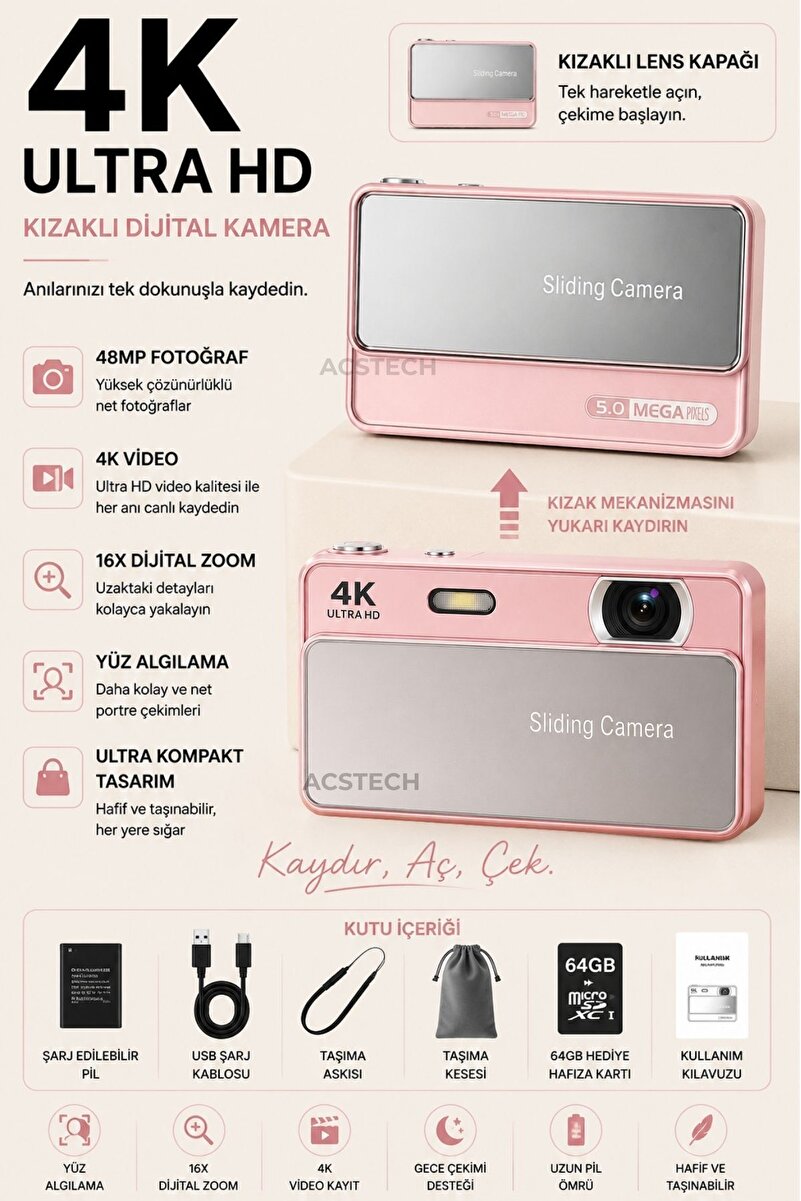 ACSTECH 4K Sliding Dijital Fotoğraf Makinesi | 16X Zoom | 2.8 İnç IPS Ekran | Kızaklı Lens Kapaklı | Type-C Şarj | Yüz Algılama | 64GB SD Kart Hediyeli