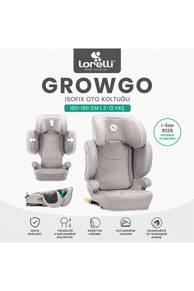 LORELLİ GrowGo i-Size ISOFIX Katlanabilir Oto Koltuğu (100-150 cm | 3-12 Yaş) - Gri