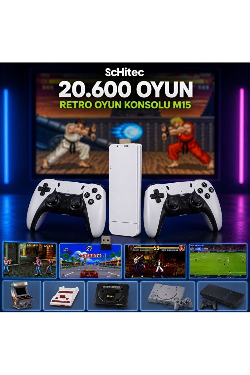 schitec Arcade 4KHD Emuelec Retro Game Stick 90 lı Yıllar Makinası Oyunları 20600 Oyunlu Konsol M15