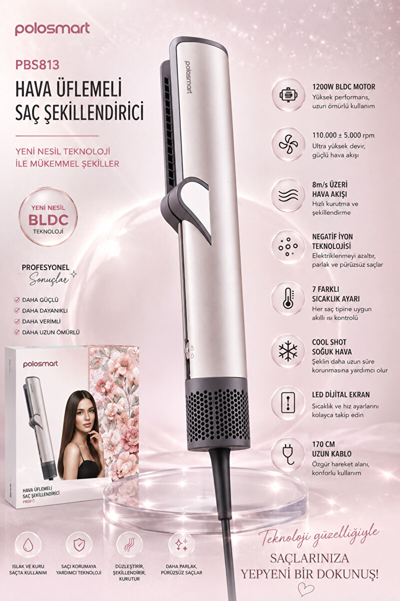 Polosmart Rosemary Shela PBS813 Hava Üflemeli Saç Şekillendirici, 1200W BLDC Motor, 110.000 RPM, Negatif İyonlu