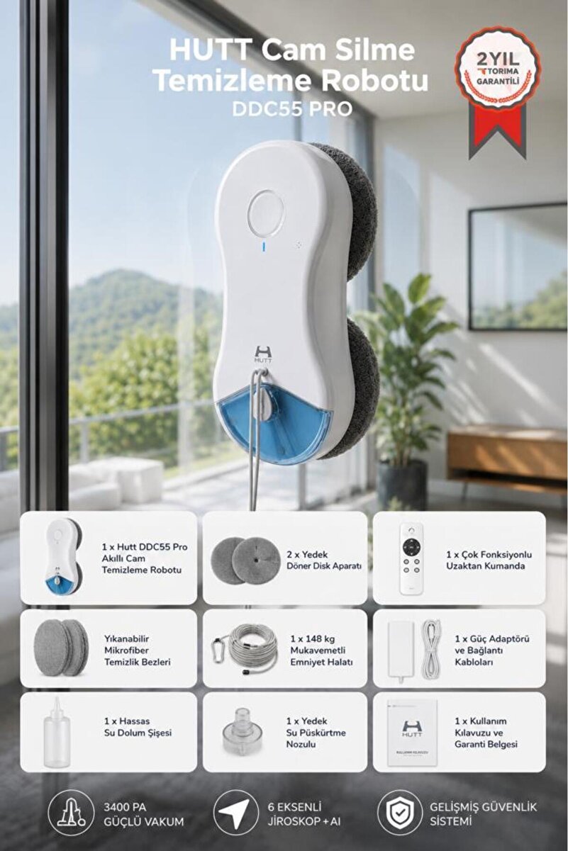 HUTT DDC55 PRO pencere temizleme robotu - pencereler, fayanslar, aynalar ve duvarlar için çok yüzeyli temizleme robotu - 5400Pa emiş gücü, çift motor dönüşü, AI navigasyon ve darbeli püskürtme işlevi
