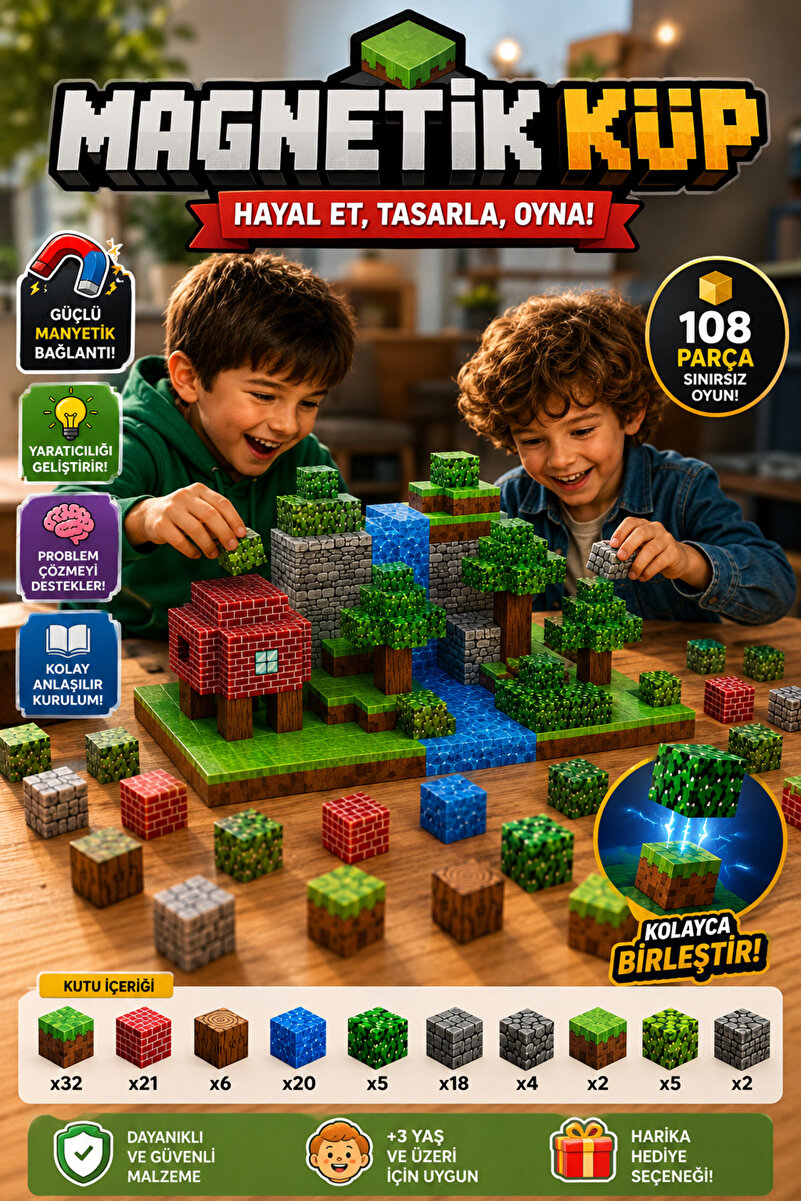 PAKİTO Minecraft Manyetik Küp Bloklar 108 Parça | Temalı Yapı Seti 3 Boyutlu Renkli Mıknatıslı | Eğitici Zeka Geliştirici Oyuncak