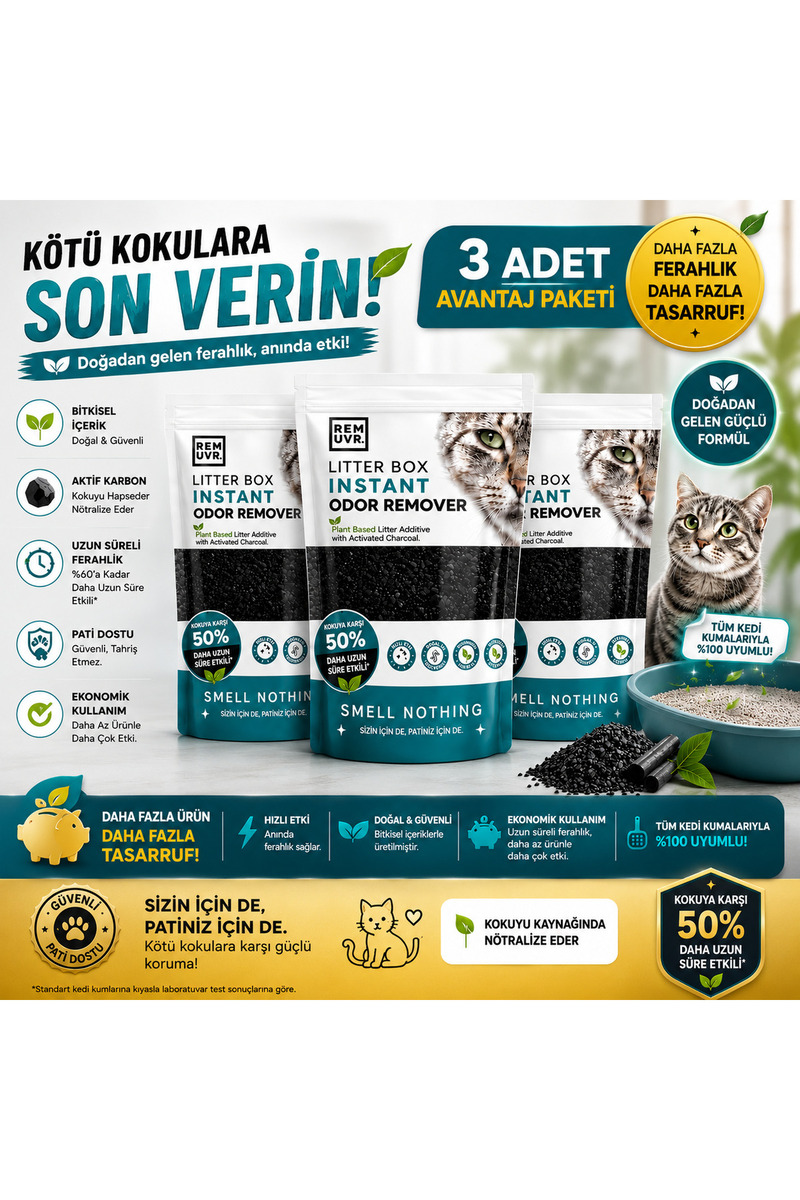 REMUVR Kedi Kumu Koku Giderici Premium 250 gr x 3 Adet Tasarruf Paketi Aktif Karbonlu Kedi Kumu Koku Önleyici ve Koku Giderici