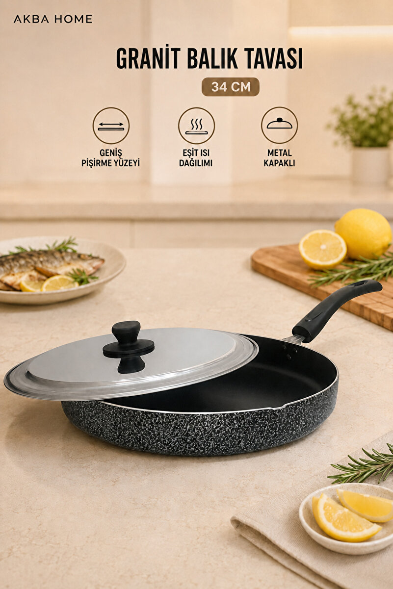 AKBA HOME Granit Balık Tavası 36 cm Metal Kapaklı Geniş Yüzeyli Hamsi ve Balık Pişirme Tavası