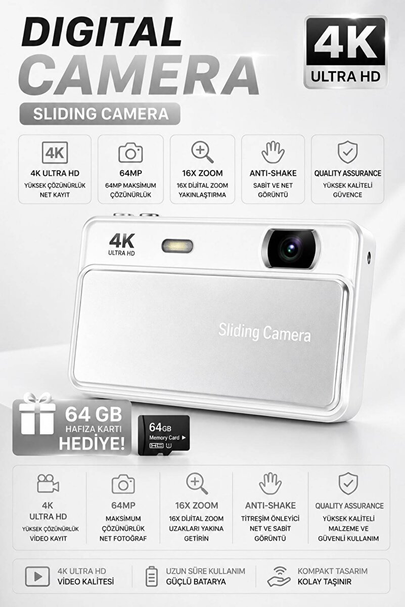 WUNİT 4K UHD 64 MP Siliding Dijital Kamera 16X ZOOM Flas 64 GB SD Kart Kızaklı Lens Kapağı 2.8'' IPS Ekran Seyahat & Vlog Retro