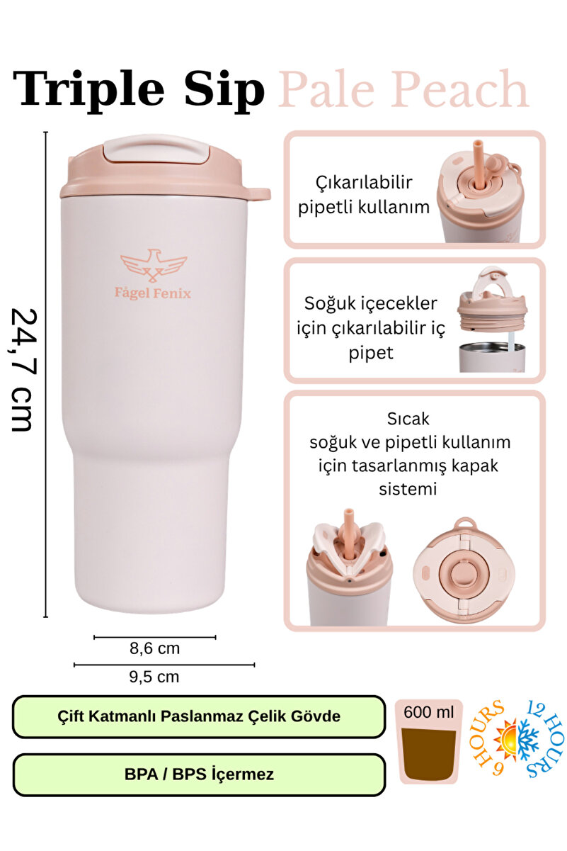 Fagel Fenix 600 ml Triple Sip Pale Peach Çift Katmanlı Paslanmaz Çelik Termos Matara