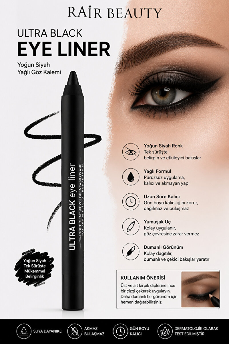 RAİR BEAUTY Buğulu Makyaj Yağlı Siyah Göz Kalemi - Waterproof Eyeliner