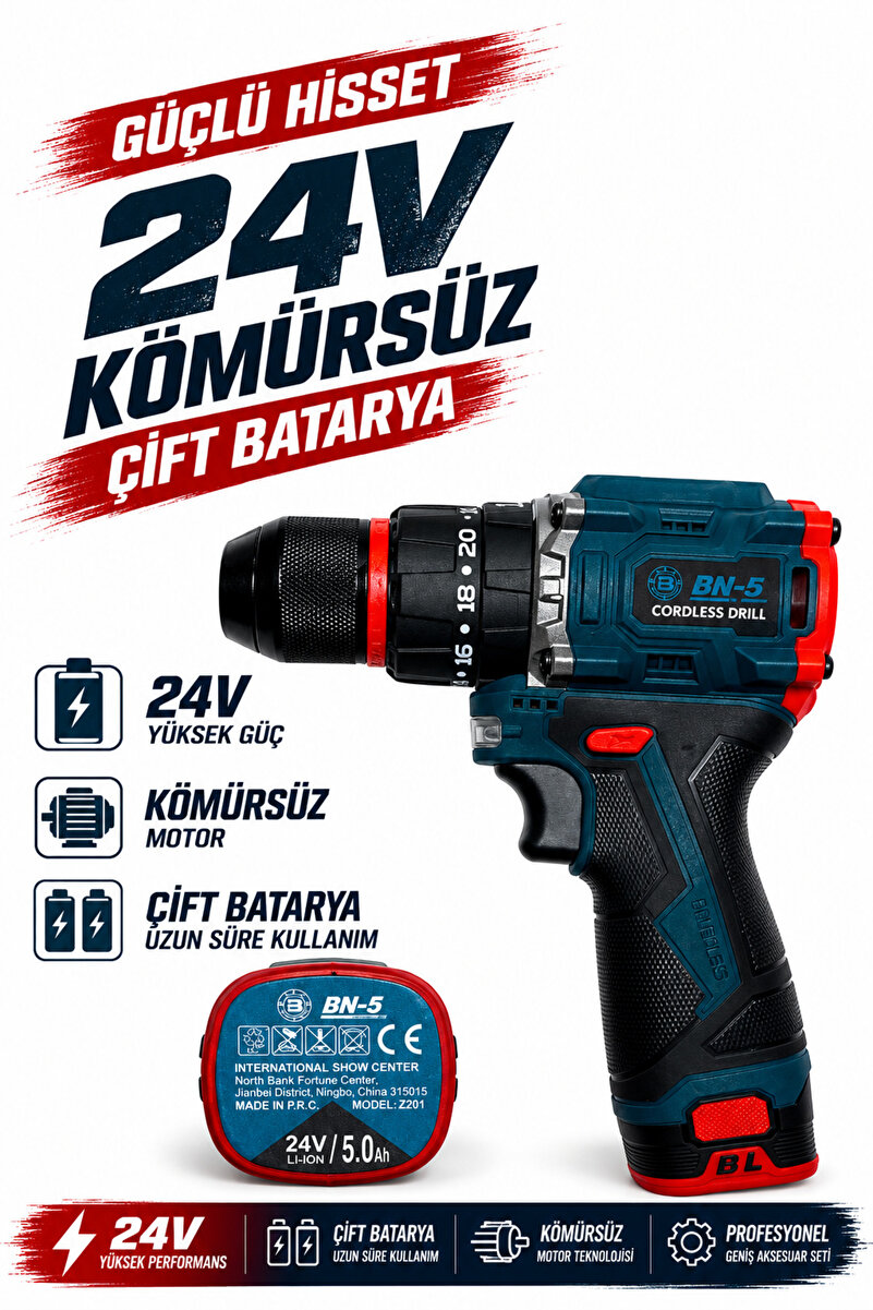 BN5 BN 5 Kömürsüz Darbeli Şarjlı Matkap 24V Çift Akülü Li-on Armut Batarya