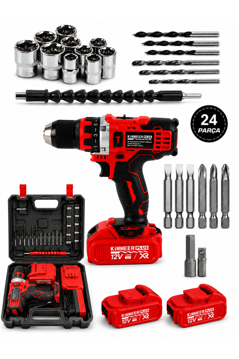 KİMMEER PLUS 12v 1.5 Ah Metal Şanzıman Çift Akülü Şarjlı 24 Parça Akülü kırmızı Vidalama Matkap