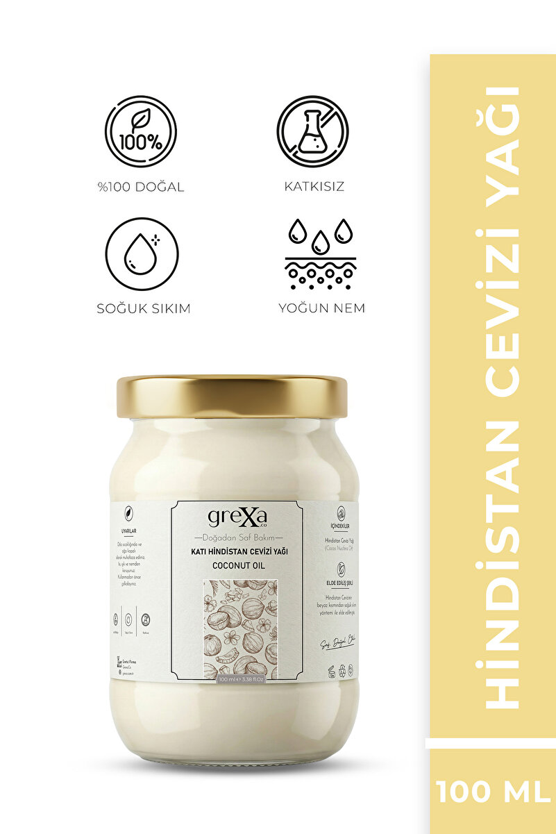 GREXA.CO %100 Saf Ve Doğal Soğuk Sıkım Katı Hindistan Cevizi Yağı 100ml