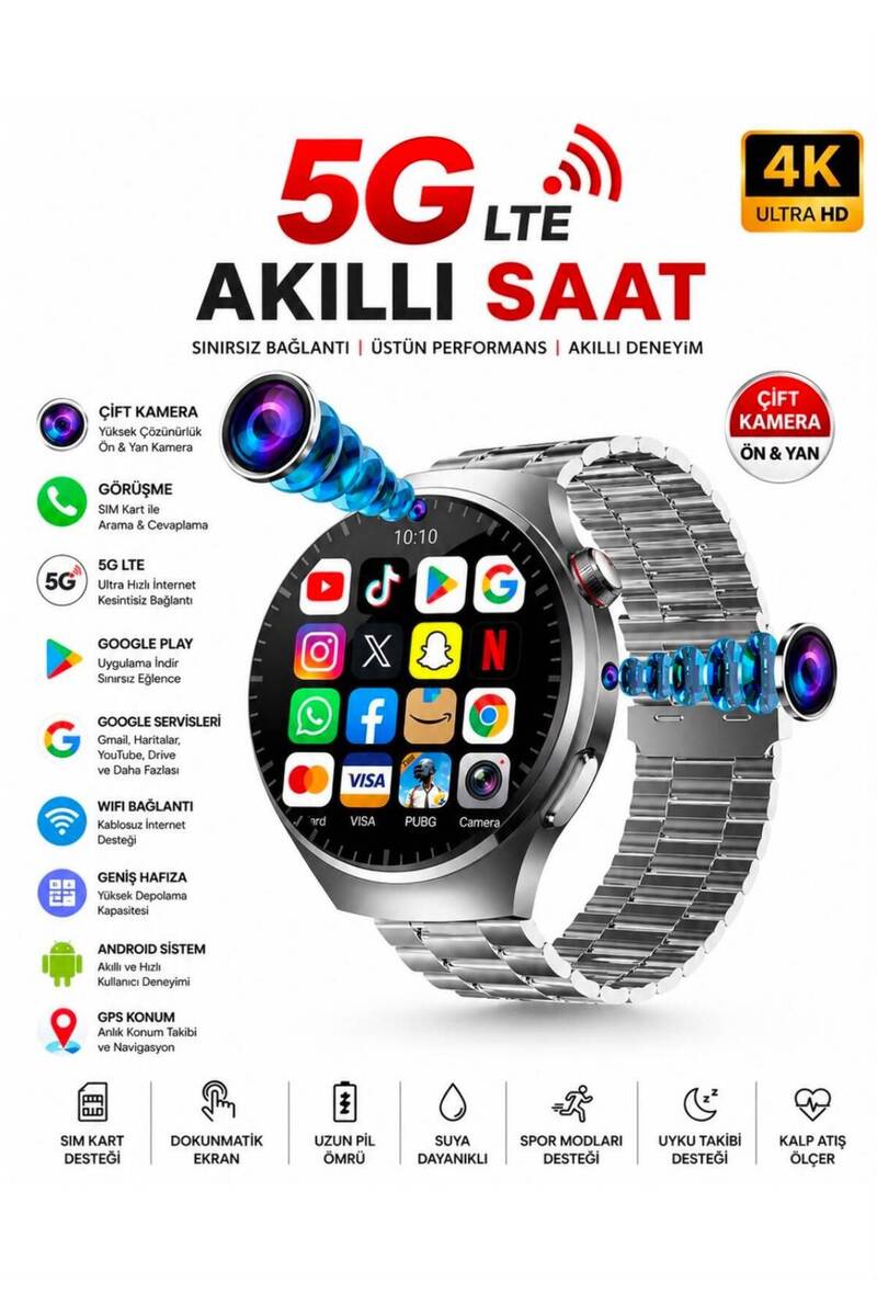 howear N61 SIM Kartlı Android Akıllı Saat AMOLED Ekran Çift Kamera GPS WiFi Google Play 64GB Akıllı Kol Saati