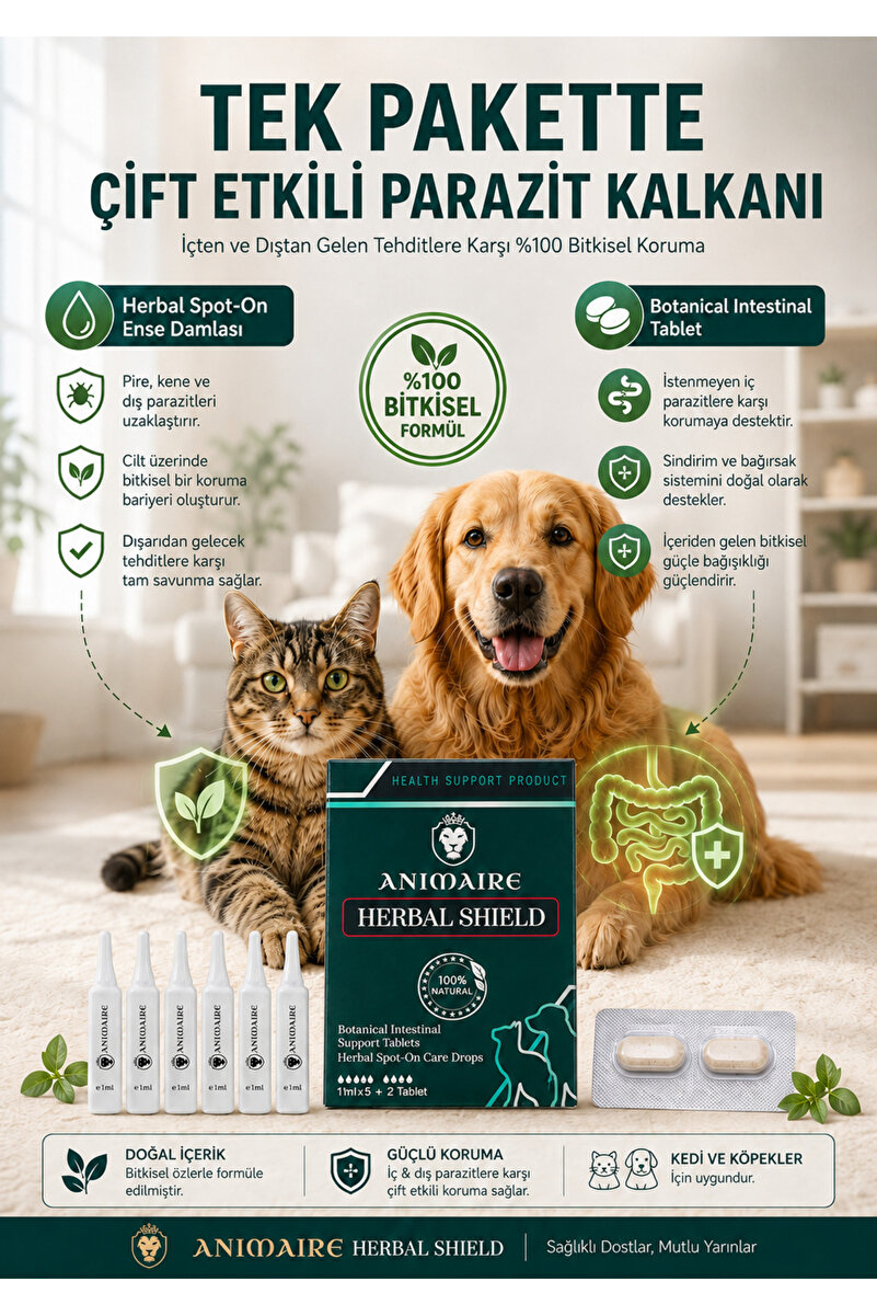 Animaire Herbal Shield Kedi Ve Köpek İç Dış Parazit Koruyucu Set - 5 Adet Bitkisel Damla + 2 Adet Tablet