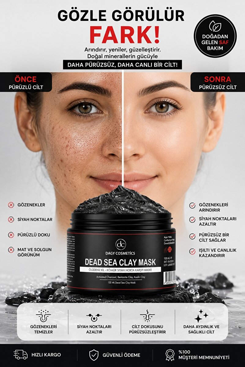 Dagy Cosmetics Ölüdeniz Kil Maskesi Kolajen Siyah Nokta Gözenek Sıkılaştırıcı Ölü Deriden Arındırır Yüze Canlılık Sağlar 150gr
