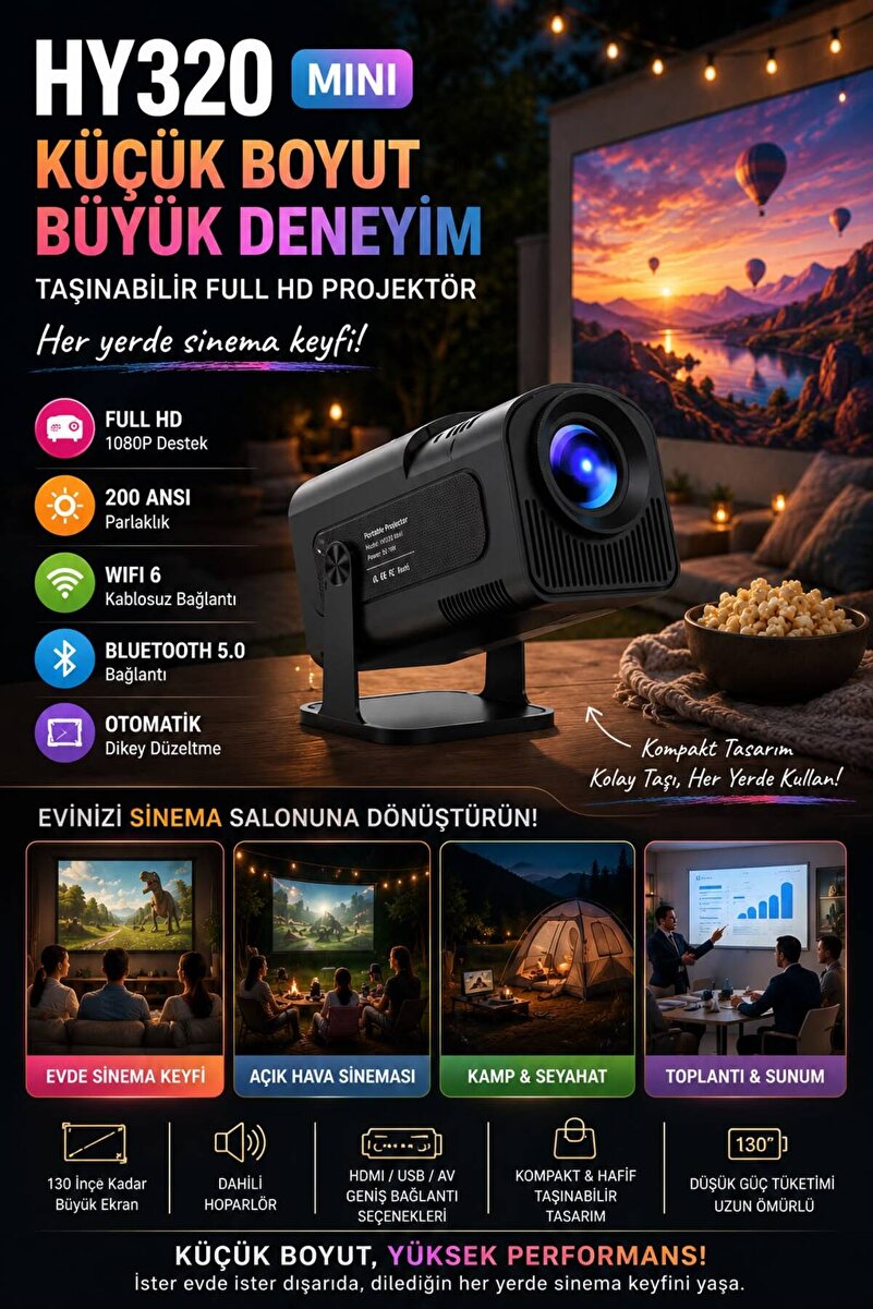 WUNİT Ultra HD Yeni Nesil Akıllı Projeksiyon Cihazı, Otomatik Ayarlama, Dahili Hoparlör Kolay Taşınabilir Tasarım