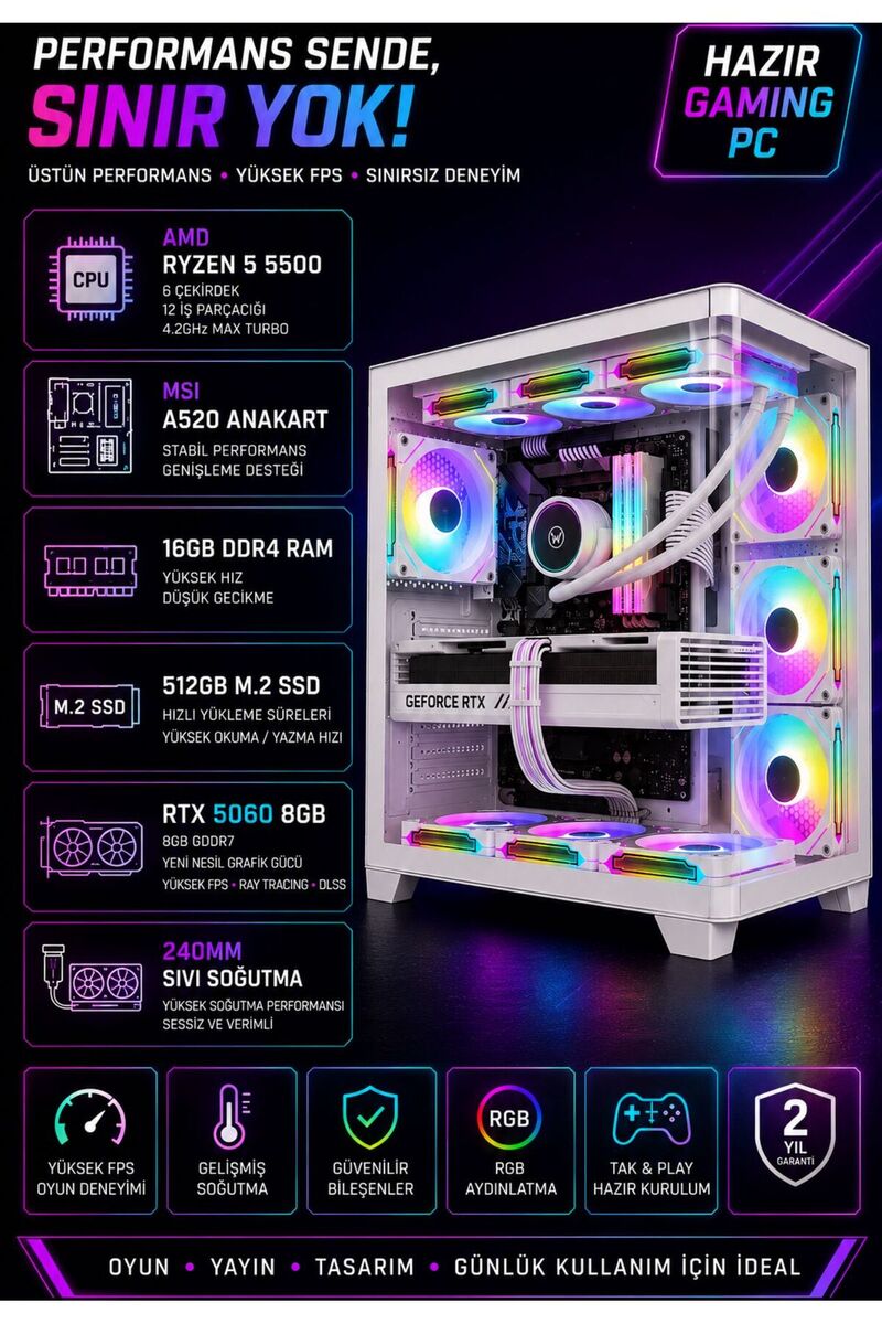 Apphirex REBİRTH W05 Ryzen 5 5500 | 16GB RAM | 512GB M2 SSD | RTX5060 Sıvı Soğutmalı Beyaz Oyun Bilgisayarı