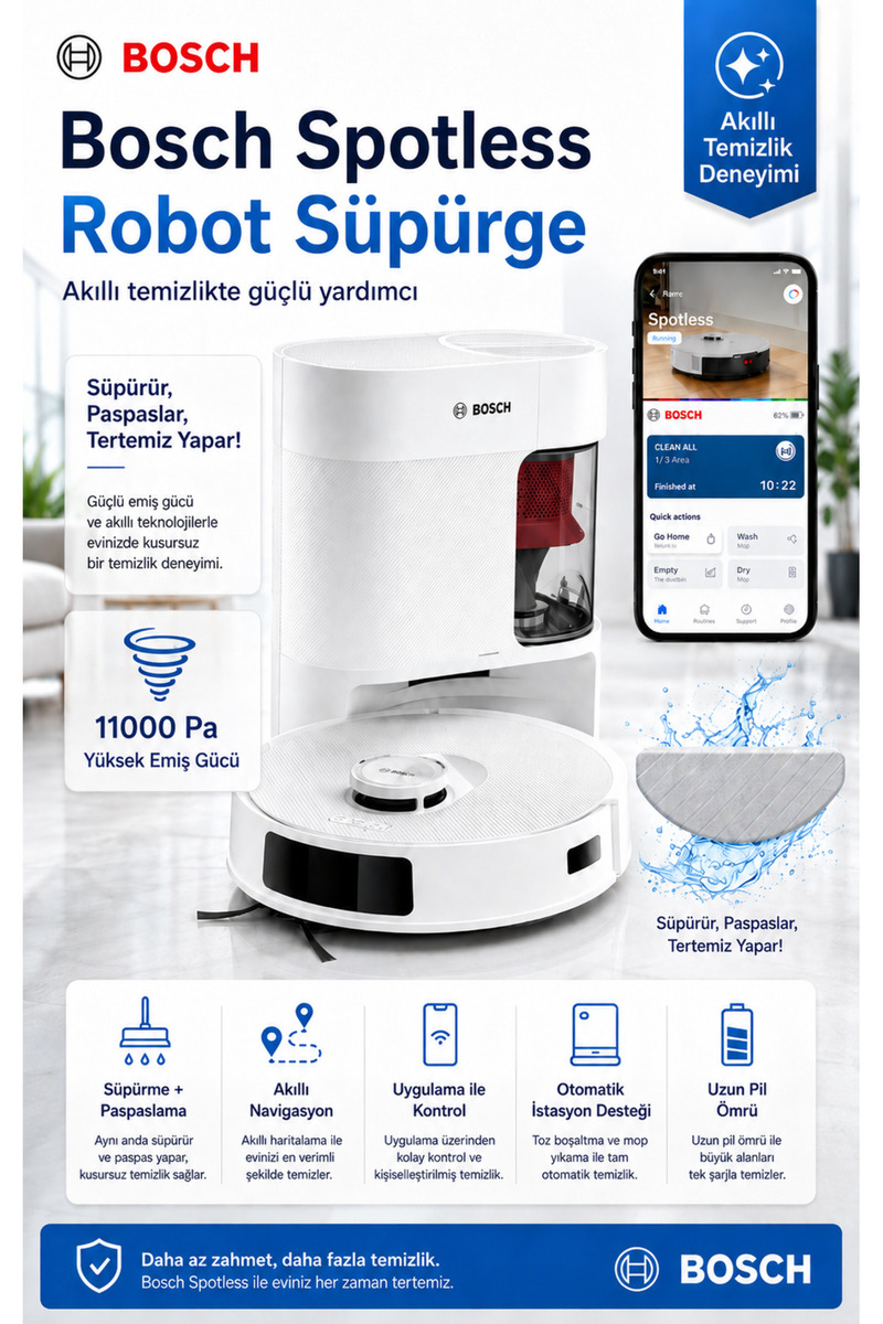 Bosch Advanced+ Robot Süpürge, 11.000 Pa Güçlü Emiş, Titreşimli Islak Paspas, Lazer Navigasyon, Otomatik Toz Boşaltma İstasyonu, Home Connect Telefon App ve Dolaşma Önleyici Fırça, Türkiye Garantili
