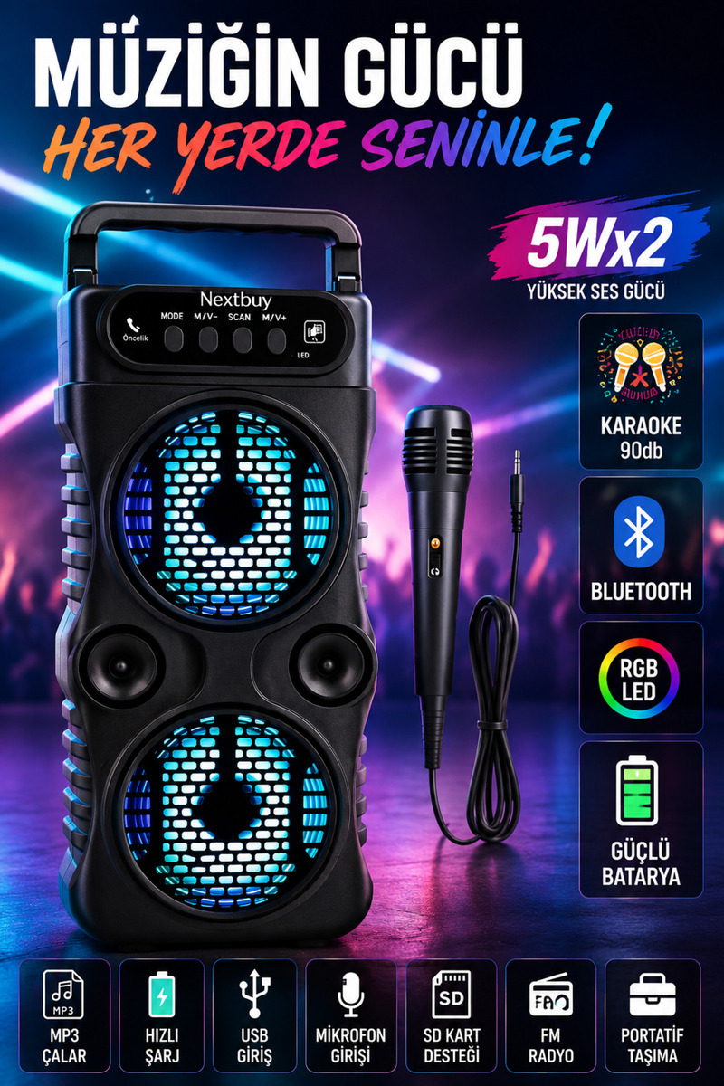 nevaport Bluetooth Hoparlör Parti Hoparlörü Kablosuz Speaker Ledli Ses Bombası Radyo Usb Sd Kart Girişli