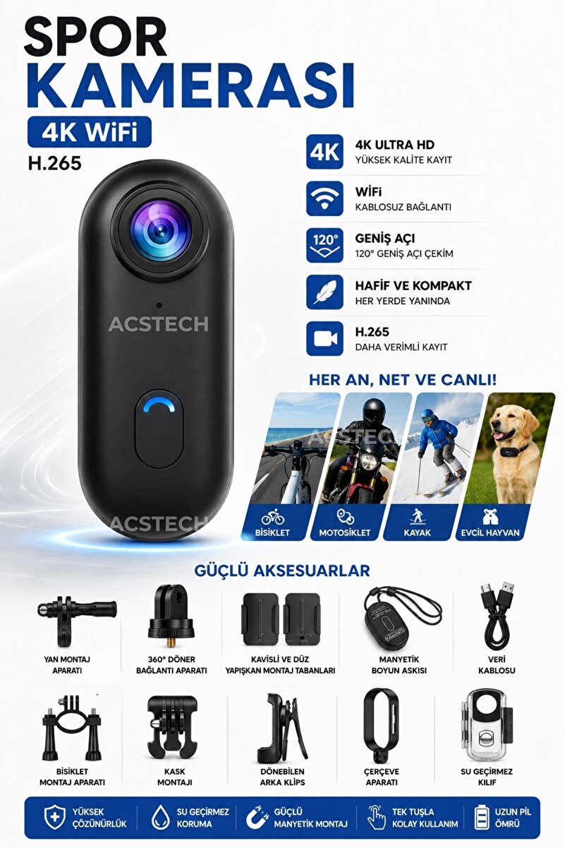 ACSTECH 4K Manyetik POV Kamera | 30M Su Geçirmez | WiFi | Klipsli Taşınabilir Aksiyon Kamera