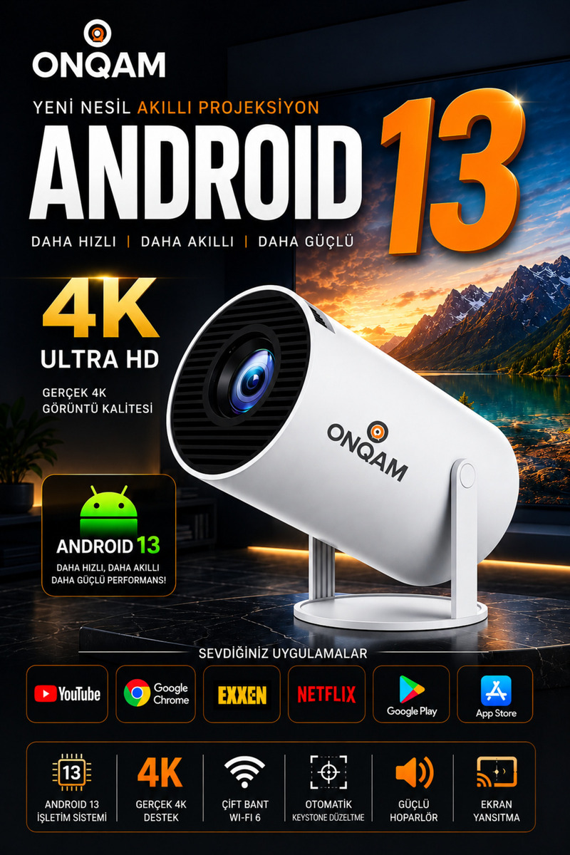 Venas Taşınabilir Ev Ofis Tipi Sesli Sinema Projeksiyon Android 13 işlemcili AppStore Ve Googleplay li