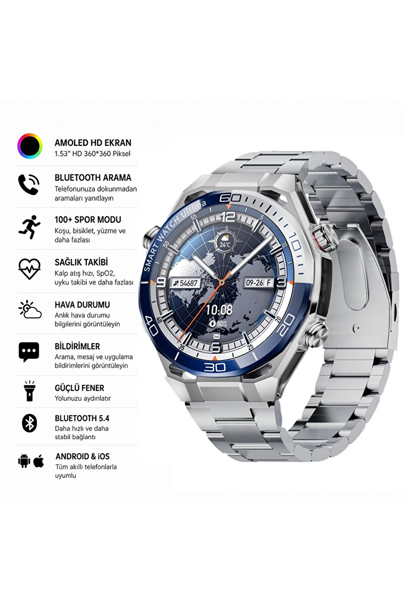ROXİVA Watch Ultimate 2 Amoled Ekran 1.53 inç Ekran 3 Kordonlu Kalp Nabız Ölçümü Sesli Konuşma-Görüşme Akıllı Saat