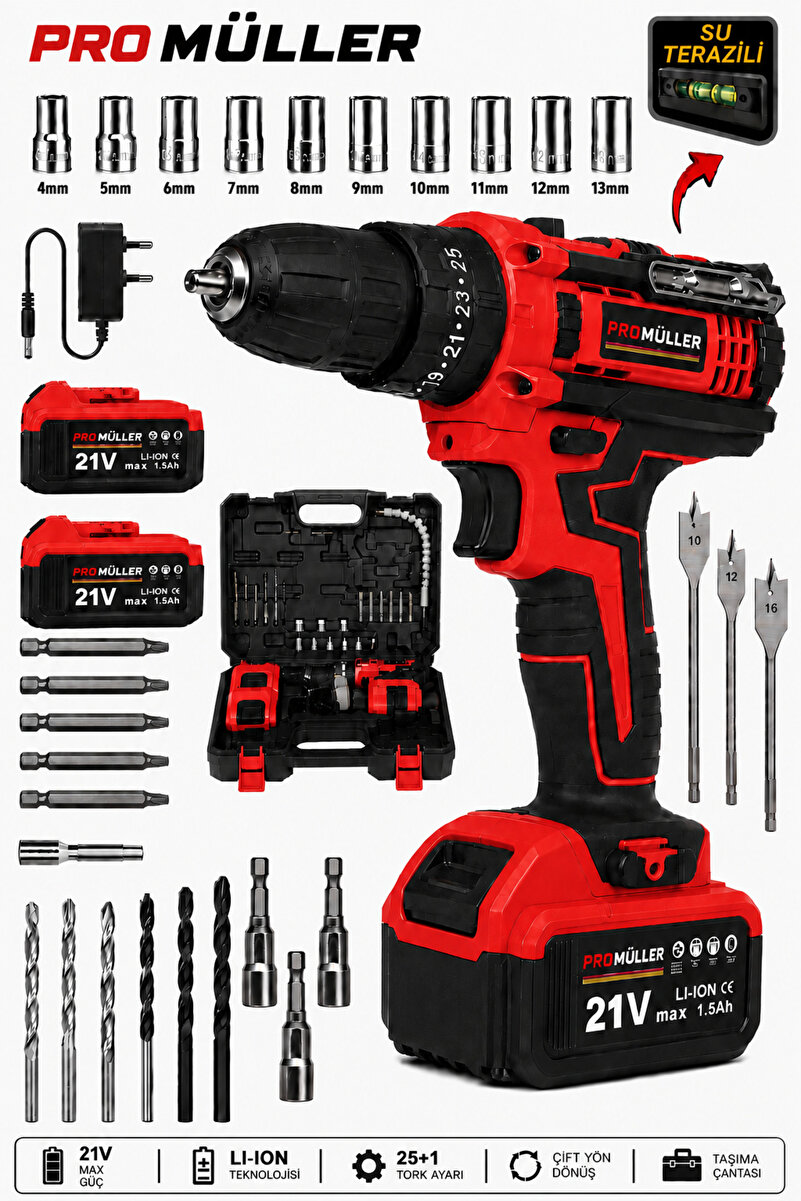 Pro Müller Alman Profesyonel 5800 XR Profesyonel Darbeli Su Terazili Çift Akülü Şarjlı Matkap 30 Pcs Hediyeli