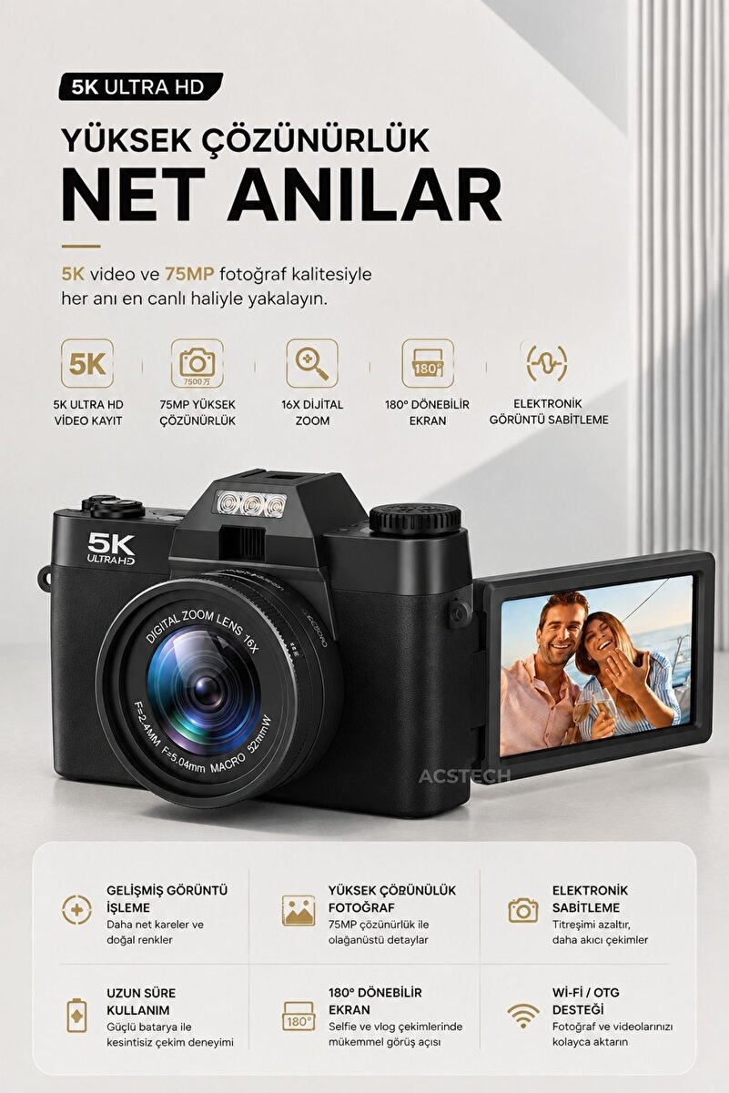 ACSTECH 5K 75MP Dijital Fotoğraf Makinesi | 180° Yana Açılır Selfie Ekranı | 16X Zoom | 64GB Hafıza Kartı Hediyeli - Siyah