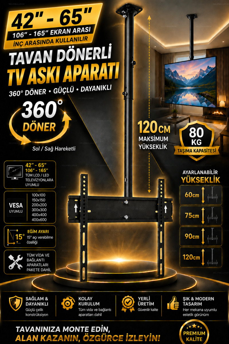 nelerbulurum Tüm TV Markalarına Uyumlu Ultra Dayanıklı Tavan Tipi TV Askı Aparatı | 42-65 İnç | 360° Döner | 80 KG Taşıma Kapasiteli | 4 Kademeli Yükseklik Ayarı