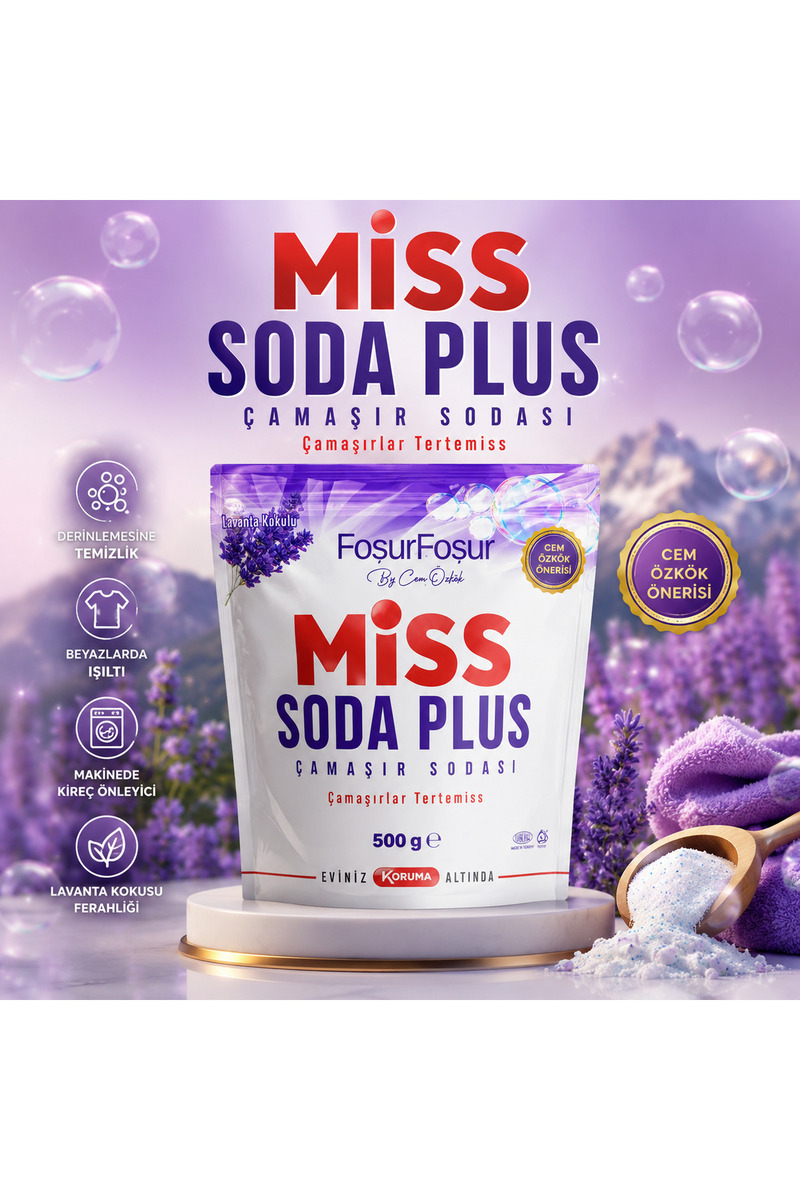 Miss Soda Plus Çamaşır Sodası Lavanta Kokulu 500 g - Beyazlar İçin Leke Çıkarıcı Destekleyici Temizlik Tozu