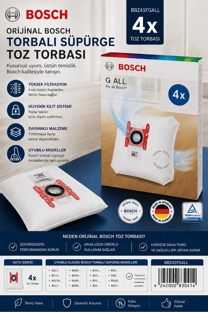 Bosch BBZ41FGALL G ALL Toz Torbası 4'lü Paket Torbalı Süpürge Toz Torbası