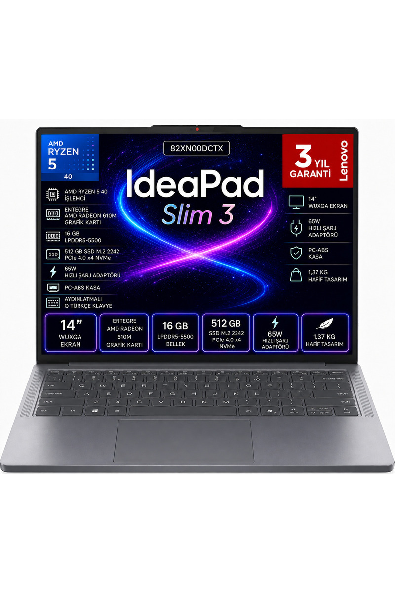 LENOVO IDEAPAD Slim 3 14AMN8 RYZEN 5 40 16 GB 512 GB Ssd Freedos 14 İnç IPS 82XN00DCTX