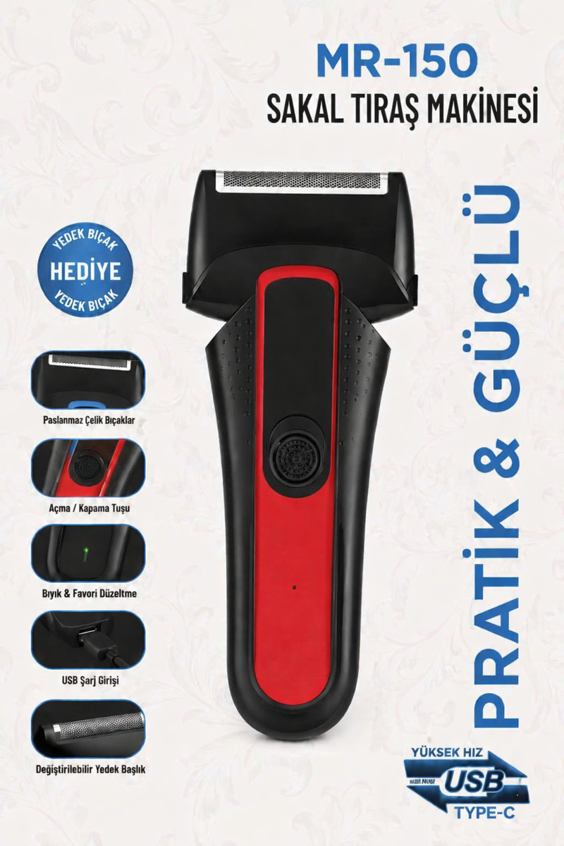 JASPER MR-150 Şarjlı Yedek Başlıklı Sakal Tıraş Makinesi Erkek Kişisel Bakım Sinekkaydı Tıraş