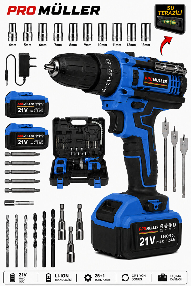 Pro Müller Alman Profesyonel 5800 XR Profesyonel Darbeli Su Terazili Çift Akülü Şarjlı Matkap 30 Pcs Hediyeli