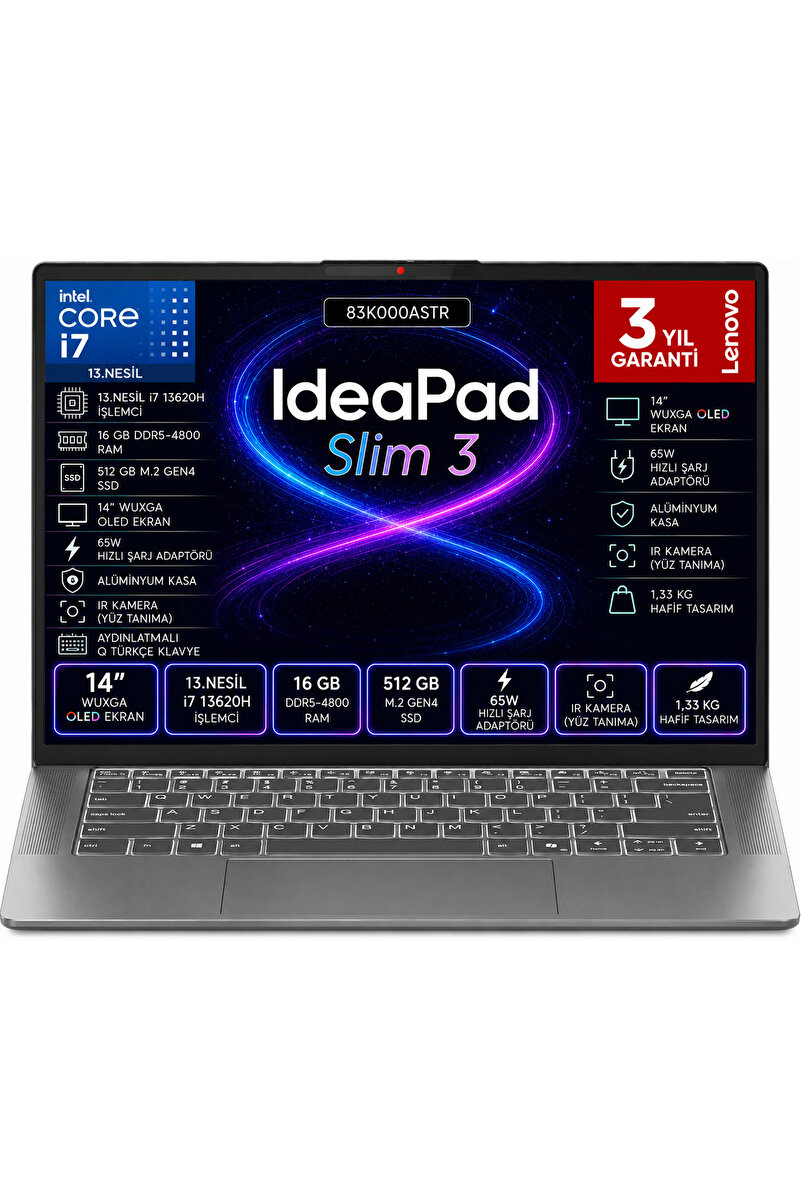 LENOVO IDEAPAD Slim 3 14IRH10 i7 13620H 16 GB 512 GB Ssd Freedos 14 İnç OLED WUXGA 83K000ASTR