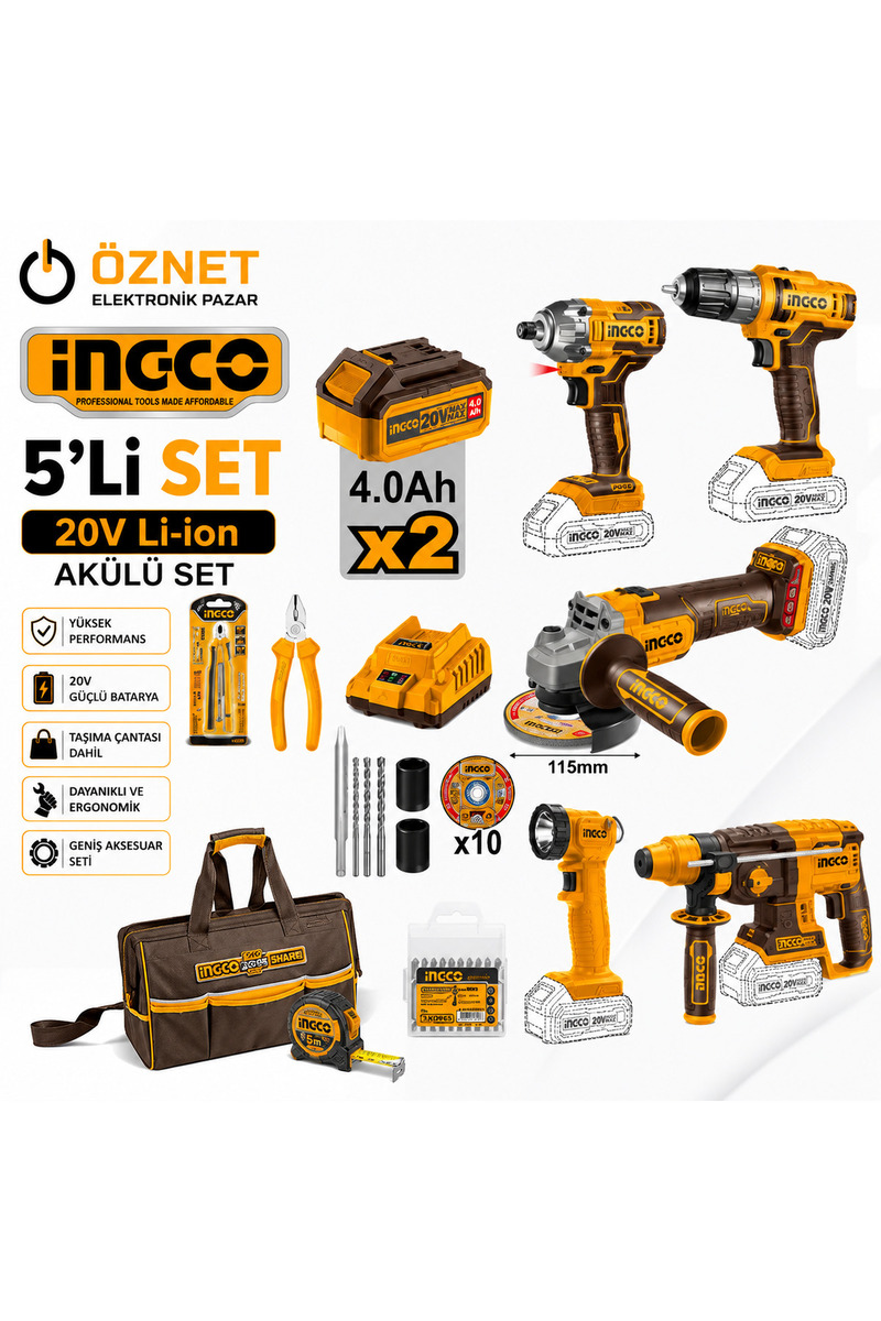 öznet INGCO 20V Li-Ion 5'li Profesyonel Akülü Set