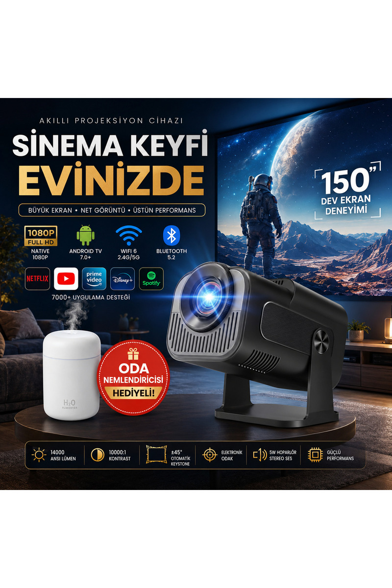 TARÇIN Taşınabilir 4K Destekli Full HD Projektör Spreyli El Fanı Hediyeli- 270° Döner Gövde