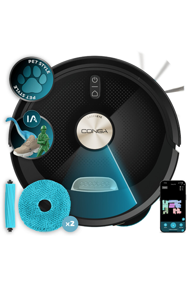CECOTEC Conga M100 Spin AI Robot Süpürge, 20.000Pa Güçlü Emiş, Lazer Navigasyon, Spin Mop, Tüy Dolanmaz