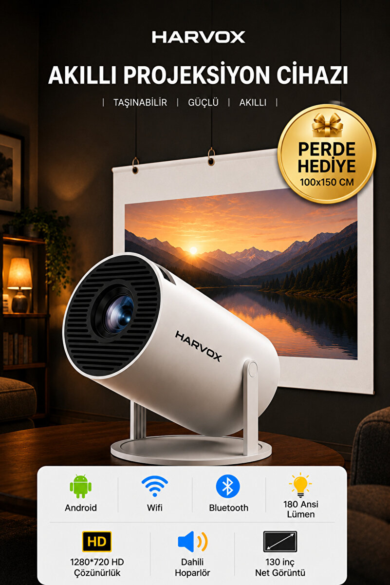 SEYUWATCH Taşınabilir 130" inç Yansıtma Sinema Projeksiyon Cihazı Ev Sineması Dahili Android Perde Hediyeli